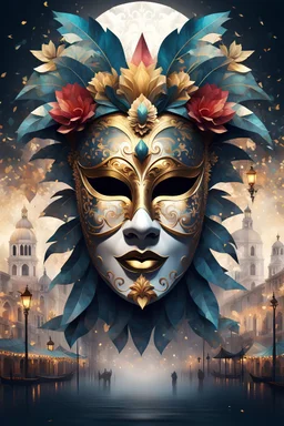 Generate an illustration of a festive carnival venetian antique mask over a low poly person ultra detailed 32k , the joyful atmosphere over a misty Venice background. dark baroque, shunga