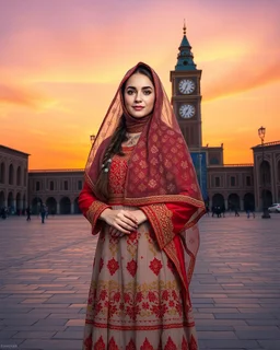 "A hyper-detailed digital painting of a young woman in traditional Azerbaijani folk costume standing in Tabriz Saat Square. She wears a floor-length crimson, gold, and sapphire embroidered dress with intricate embroidery, a translucent patterned ropush (scarf) draped over her head revealing braided hair with silver guppu (coins). The composition follows the rule of thirds, with the 19th-century clock tower framing her silhouette against a gradient sunset sky of tangerine and lavender. Ultra-deta