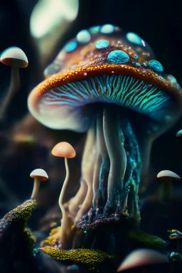 fungoid portrait in fungus garden, hi detail, 4k, clear focus, depth of field, color correction, studio quality, backlight