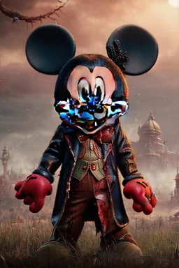 zombie mickey mouse hybrid, photorealism, movie screen capture, horror, sci-fi, retrofuturism,