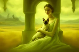 Single image: A Very Beautiful pretty dreamy Lady holding elegant Sphynx-like Siamese cat in eerie beautiful landscape art by Anka Zhuravleva, Sandy Welch, Jane Small, Aliza Razell, Eduard Veith, Joel Robison, Mikhail Vrubel, Ferdinand Hodler, Christoffer Relander, William Timlin, Charles Rennie Mackintosh, John Lowrie Morrison, Sidney Nolan. 3/4 Headshot, Volumetric lighting, 3d, mixed media, Best quality, crisp quality