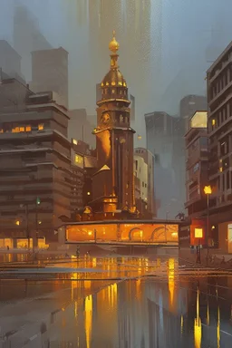 Oil painting is raining that turns anything that falls on it into gold In the city of