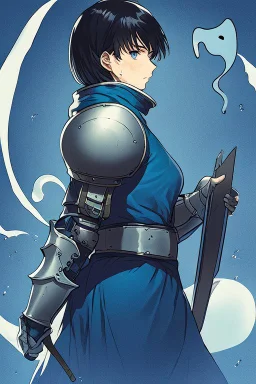 Motoko Kusanagi from "Ghost In The Shell (1995)", clad in medieval stell plate armour, alone, blue eyes, perfect, beautiful, black hair, in the style of 90-s anime, androgynous, melancholic, cold