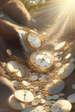 hill was filled with coins and jewels glinting in the sunlight. There was an ivory pearl necklace and a gold patterned watch.