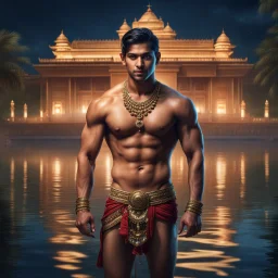 Hyper Realistic handsome Young shirtless muscular short hair Indian king standing in a lake outside traditionally beautiful Indian palace at night