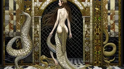 This highly detailed painting depicts a nude woman standing on a black and white geometric tile floor. The woman has long, wavy, flowing brown hair and a slender yet curvaceous physique. She has her back to the viewer and holds a golden mirror in her right hand, looking up. She is surrounded by fantastical elements. To her left, a large mythical dragon with a fierce expression and fiery red scales lies on the floor. Its head is turned towards the woman and it has sharp claws and a long, serpenti