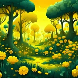 Soft cozy Fantasy cartoon forest with yellow flowers