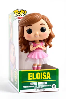 Funko figure of a very young female, smiling, long wavy soft brown hair, wearing a ballerina dress, pink dress, ballet, very cute, ballet pose,. The Funko is displayed inside and outside a limited edition green and yellow Funko box with "HELOISA" text, allowing visibility of the figure, typography, 3D render. White background