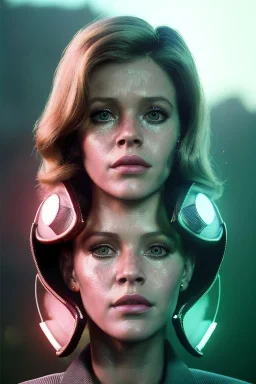 Ultra Realistic retro sci-fi scene, portrait, brunette woman, sweet young Jane fonda face, perfect iris, glow eyes, makeup. Alien Saturn background, Retro sci-fi style, helmet, tight latex coat, fog, rain, soft color, highly detailed, unreal engine 5, ray tracing, RTX, lumen lighting, ultra detail, volumetric lighting, 3d, finely drawn, high definition, high resolution.