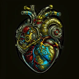 MULTICOLORED COMPLIMENTARY MECHANICAL HUMAN HEART, METALLIC, CLOCKWERK, STEAMPUNK, ANATOMICALLY CORRECT, RETROFUTURISTIC, CINEMATIC, DRAWN BY DAVINCI,