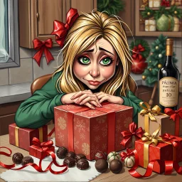 acrylic glossy, Christmas themed, whimsical cute caricature of an tired dark-blonde green eyes woman with messy long hair. she's wrapping a box with Christmas wrapping paper at the kitchen table. head resting on box. around her chocolate boxes, chocolate bar, chocolate balls, brandy bottle with precize text:"pálinka" and presents piled up. ribbons, and wrapping paper on table. funny detailed, stunning illustration