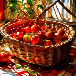 Culinary still life rendered full-screen, sidelit by sunlight streaming in the kitchen window, sharp-focus, macro-view, very close-up and in watercolor. The subject of the frontal-viewed still life is a woven water hyacinth basket filled with an array of elongated, narrow, oblong finger limes tapering at both ends, in the colors red, dark green, reddish-brown, light green and yellow-green. A single finger lime lies outside the basket on a wooden cutting board along with a small, weathered paring