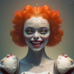 Ultra detailed very beautiful smileing cute clown girl,beautiful real skin, red nose, shallow of dept 3d, symmetrical, ultra detailed curl hair, ambient lighting, ultra detailed face, concept art, circus,party, digital painting, octane render,quixel megascans, depth of field (or dof),film photography, dslr, cinema4d, studio quality art by artstation