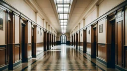 a symmetrical photo of the hallway of an english school