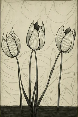 Minimalist rough abstract dusty Charcoal drawing of 3 cartoon tulips on a textured gesso background.