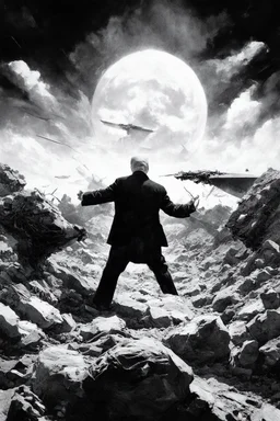 trump justinsun ethereum battle in the trenches seeing the future in the style of surrealism black and white