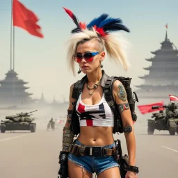 tank girl is a warrior of peace, carrying the flag of freedom, on Tiananmen Square