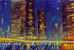 Night, futuristic buildings near trees, highway, people, sci-fi, realistic vision, impressionism painting