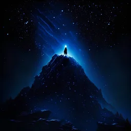 a shadow of a person on top of a mountain, dark blue glowing light, , dark, magic, fantasy, stars, sparkle