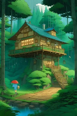 a house in a forest, rainning, ghibli style