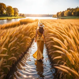 wide angle shot of golden wheat field next to river ,a watermill on river, a beautiful girl in pretty long dress walking in