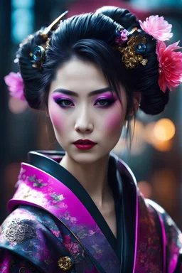 Ultra realistic photo beautiful cyberpunk geisha woman , futuristic style, HOF, captured with professional DSLR camera, 64k, ultra detailed,