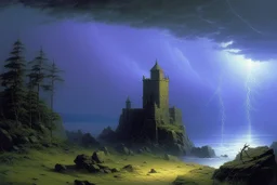 A violet castle in a thunderstorm near an acid pool painted by Caspar David Friedrich