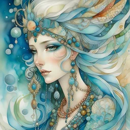 An intricate watercolor painting showcasing the artful kantha beauty of abstraction and surrealism. An antique illusion renders a scene from a fairy-tale of a kind, elven woman, Caurien Chicory, with fair hair, wearing a majestic outfit adorned with pearls, Swarovski crystals, and elements of leather, mother-of-pearl, and turquoise. The surreal spectacle shows her magical power, turning the frosty winter into golden summer within a setting of a Timeless Theater. The sky is filled with multi-eyed
