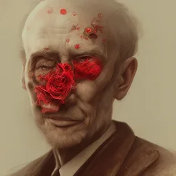 Extremely detailed portrait of man with a fading head into oblivion with red flower accents, digital painting.