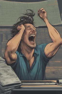 highly detailed 8k image of a guy pulling out he's hair of frustration when there's a sudden drop with pips on the stock market, symbolising a trade