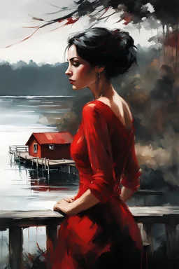 dark haired thin curvy woman 30yo with dark eye shaddow and long lashes, wearing a short low cut red dress on a cabin porch next to a lake :: dark mysterious esoteric atmosphere :: digital matt painting with rough paint strokes by Jeremy Mann + Carne Griffiths + Leonid Afremov, black canvas