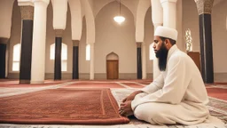 Religious leader, male, 30 years old, at the mosque wearing a turban, traditional Islamic cap, and using a prayer rug.