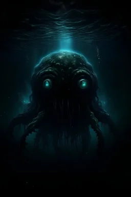 The dark bottom of the deep sea with a monster with glowing eyes lurking in the darkness