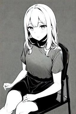 blonde girl speaks sitting on a chair, grayscale