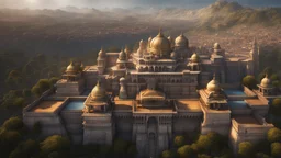 an indian city sprawling across a plain. royal palace. seen from a hill top. marble. fantasy. exquisite realism, a masterpiece, dark fantasy concept art, dynamic lighting, hyperdetailed, intricately detailed, deep color, Unreal Engine, volumetric lighting