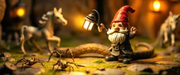 air brush 3d with pen outline, In the background, another tiny gnome carrying an absurdly powerful lantern suddenly shines a bright spotlight directly onto the snake and performs a ridiculous little victory dance. A tiny spider crawls across the board while a miniature unicorn calmly wanders through the background. Detailed miniature fantasy environment, expressive gnome faces, exaggerated physical comedy, realistic materials, cinematic camera movement, shallow depth of field, warm lantern light