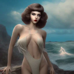 Aaron Carter with sexy Clara Bow, stormy seas, two people, Aaron Carter, romance, romantic, water, swimming, DAZ3D, by Michael Turner, soft lips, cinematic lighting, studio lighting, shine, 4K, fantastic view, girls at beach with her.