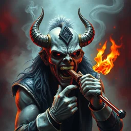 make an album cover of Eddie from the Iron Maiden hardrock band, he is eating a big kebab in hell with Satan