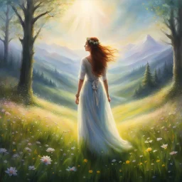 The air is crisp, infused with the scent of blooming flowers and the promise of new beginnings.In this awe-inspiring view, we witness Ostara, resplendent in her ethereal form, standing amidst a lush meadow. The grass beneath her bare feet shivers. From the smallest blades of grass to the towering trees, each living entity joins in this symphony of praise for the Earth. The flowers burst forth in vibrant colors, their petals unfurling like delicate brushstrokes upon nature's canvas. The trees swa