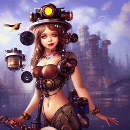 great illustrator, spanish, realistic rendering of a cute girl, beautiful, steampunk syle, aquarello. Helmet with tubes. smiling. Machinery in the background. robotic bird flying. High details. 4k. unreal engine