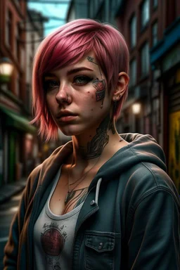 1girl, hoodie, arm tattoo, portrait, asymmetrical bangs, bandaid, short hair, bangs, breasts, freckles, grey eyes, large breasts, looking at viewer, neck tattoo, nose piercing, pink hair, scar, scar on face, solo, tattoo on face, upper body, detailed background, town, alley, dark alley, portrait, hood on head, night, angry, close up, closed mouth, , ((masterpiece)), absurdres <lora:arcane_offset:1>