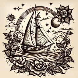 Traditional Old School Tattoo Design featuring a Guitar, flowers, the Sun, a Compass, and a Sailboat sailing over the sea waves, simple and small, Tattoo Art by Sailor Jerry. Few lines, stylized, sketch, black and white.