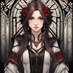 A portrait headshot of a confident looking young woman with pale skin and long brown hair in a dark fantasy setting with intricate details. She is wearing black and read leather, has red eyes, an air of malevolent power surrounds her. Anime style. High definition.