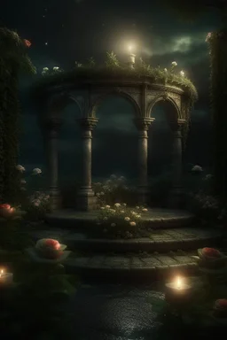 magical overgrown secret garden, roses, ivy, fountain, twilight, moon, stars dark tones, warm tones