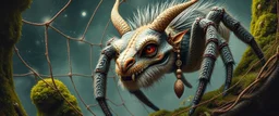 the weird face of a fluffy dragon spiritual spider yoga freak with ear ring with charm in web from mossy tower, master oil painting by Rembrandt and Escher, moss covered space station, brightened edges to give a sense of depth