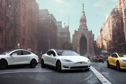 A Tesla 'Model Y' is racing at top speed, near the 'Central Synagogue' in New York City. (CINEMATIC, WIDE ANGLE LENS, PHOTO REAL)