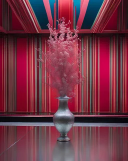Cherenkov radiation colors, silver mean proportions, inspired by Joe Horner, Helice Wen, Mark Rothko, Benetton, december very sunny day at 11 a.m. volumetric lightning, photography with Leica Hermes Edition M7 camera of intricate floral bouquet using gestalt theory reminding Christmas Eve, in a brutalist porcelian vase on brutalist table, sophisticated composition, contemporary urban art gallery, hyper detailed, hyperrealistic, vivid, product-focused.