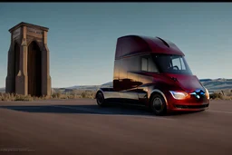 A Tesla 'Semi' (semi truck) is parked, near the 'Devils Tower' in Wyoming. (CINEMATIC, WIDE ANGLE LENS, PHOTO REAL)