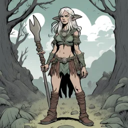 [mexican comics Head Lopper style by Andrew MacLean] IBarbaraa female elf druid of 35 years old. she spent her life learning the ways of nature and the p ower it contains. she worked in the fields with her boots.