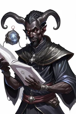 En male black skin tiefling fra dnd holding a book with Arcane Magic simple swirling around them in a silver Rope